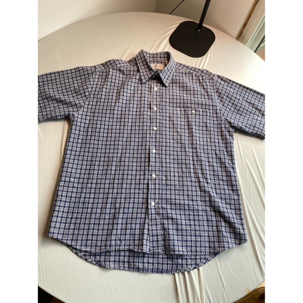 River Trader Mens Blue White Plaid Linen Cotton Short Sleeve Button Down Shirt M